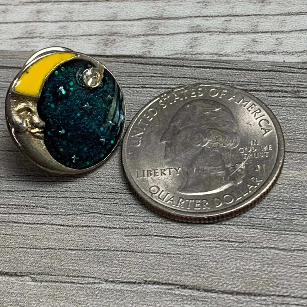 Vintage Treasures & Trinkets Man in the Moon Glitter Enamel Pin Celestial Teal